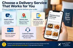 Choosing a food delivery service in Korea for tourists with checks for English support, address, phone number, and payment options