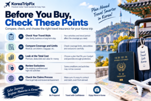 Korea Travel Insurance Guide (2026): What Tourists Should Know Korea travel insurance buying checklist covering coverage limits, deductibles, exclusions, travel activities, total cost, and the claims process