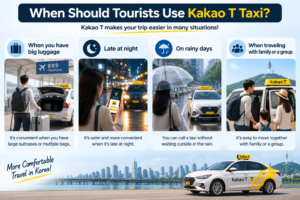 Situations where tourists use Kakao T Taxi in Korea including luggage travel and rainy days