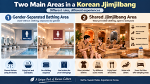 Gender-separated bathing area and shared jjimjilbang area in Korea