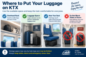 Where to put luggage on KTX trains showing suitcase storage areas, overhead racks, and keeping aisles clear for passengers
