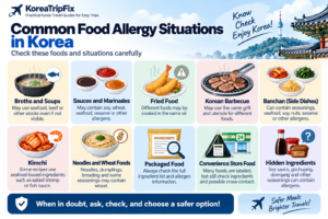 Food Allergies in Korea (2026 Guide for Travelers) Common food allergy situations in Korea including broths, sauces, fried food, Korean barbecue, banchan, kimchi, wheat foods, packaged food, and hidden ingredients