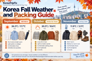 Korea fall weather and packing guide for September, October, and November with average Seoul temperatures and clothing recommendations