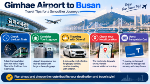 Choosing transportation from Gimhae Airport to Busan based on luggage, travel group size, arrival time, and convenience including taxi, subway, and airport bus