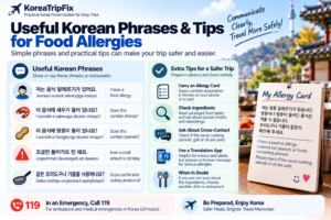 Food Allergies in Korea (2026 Guide for Travelers) Useful Korean phrases and safety tips for food allergies in Korea, including an allergy card, cross-contact questions, ingredient checks, and the 119 emergency number