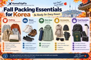 Fall packing essentials for Korea including layered clothing, comfortable shoes, rain gear, accessories, and travel essentials