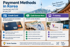 Payment methods in Korea for tourists including credit cards, cash, and T-money transportation cards