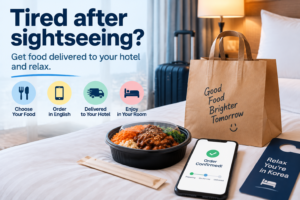 Hotel food delivery process for tourists in Korea showing order preparation, delivery arrival, and hotel pickup location