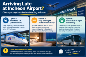 Late arrival options at Incheon Airport including KTX, overnight stay, and alternative transportation to Busan