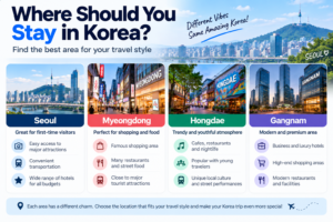 Popular areas to stay in Seoul including Myeongdong Hongdae and Gangnam