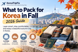 What to pack for Korea in fall, including layered clothing, comfortable shoes, rain gear, and travel essentials