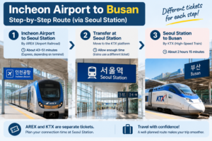 Incheon Airport to Busan KTX route showing AREX to Seoul Station and transfer to KTX train