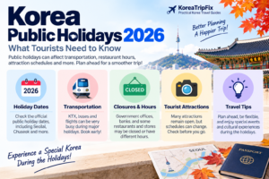 Korea public holidays 2026 travel guide covering holiday dates, transportation, closures, attraction schedules, and travel planning tips