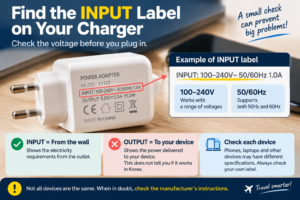 How to check a charger INPUT label showing voltage range and frequency before using devices in South Korea