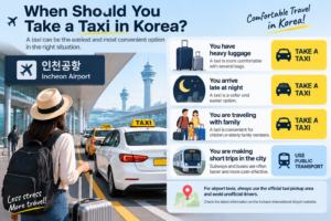 How to Get a Taxi in Korea Without Speaking Korean (2026 Guide) When tourists should take a taxi in Korea for heavy luggage, late night arrivals, and family travel