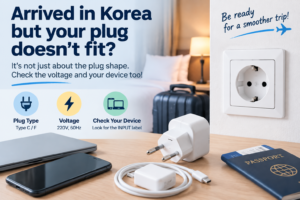 South Korea plug adapter guide showing Korean outlet type, 220V 60Hz power, and device compatibility checks for travelers