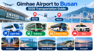 Gimhae Airport to Busan transportation guide showing light rail, subway, airport bus, taxi, and routes to popular tourist areas