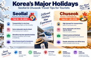 Seollal and Chuseok travel tips for Korea covering busy transportation, restaurant closures, attraction schedules, cultural events, and advance booking