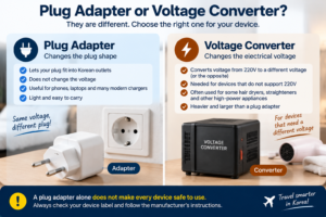Difference between a plug adapter and voltage converter for travelers using electronic devices in South Korea
