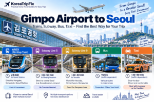 Gimpo Airport to Seoul transportation options including AREX All-Stop Train, Subway Lines 5 and 9, bus, and taxi