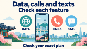 Illustration reminding travelers to check mobile data, calls, and SMS as separate phone-plan features.